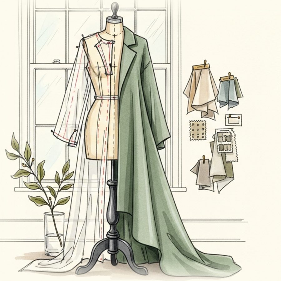 Watercolour illustration of a dress form, half unfinished toile and half finished sage coat