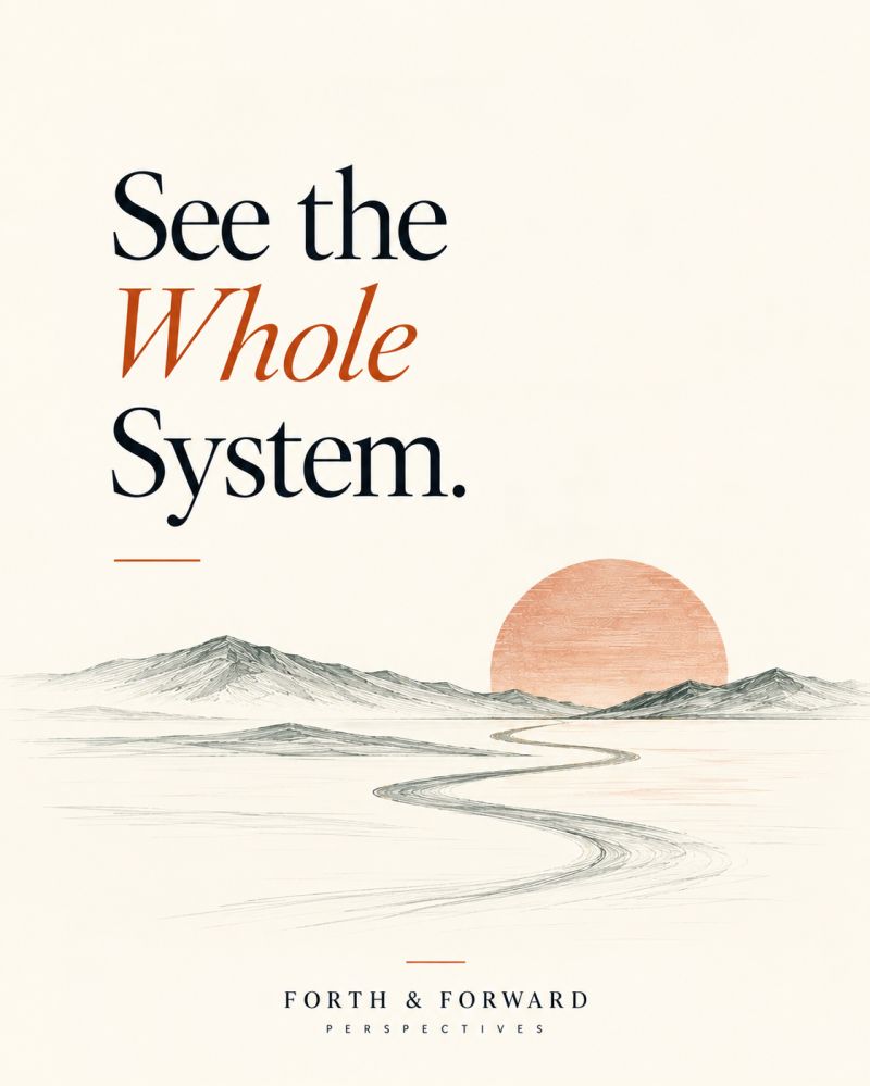 Cover: See the whole system. An ink illustration of a winding road leading toward a rising sun between mountain ranges