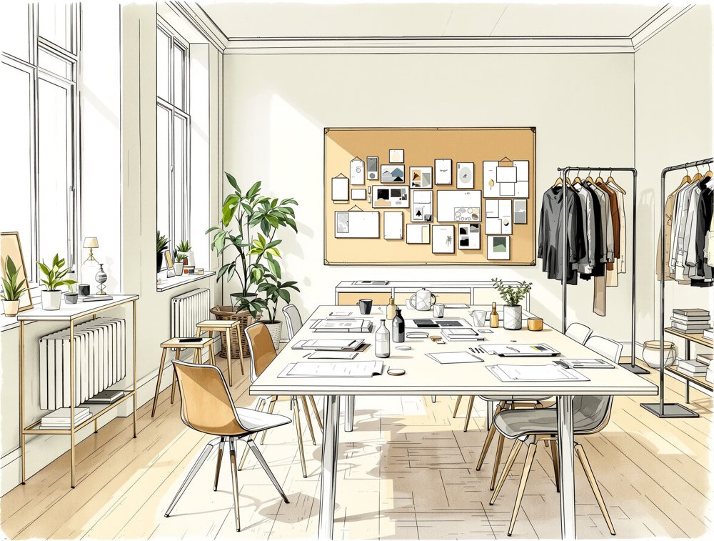 Pen and wash illustration of a modern studio workroom set up for a working session