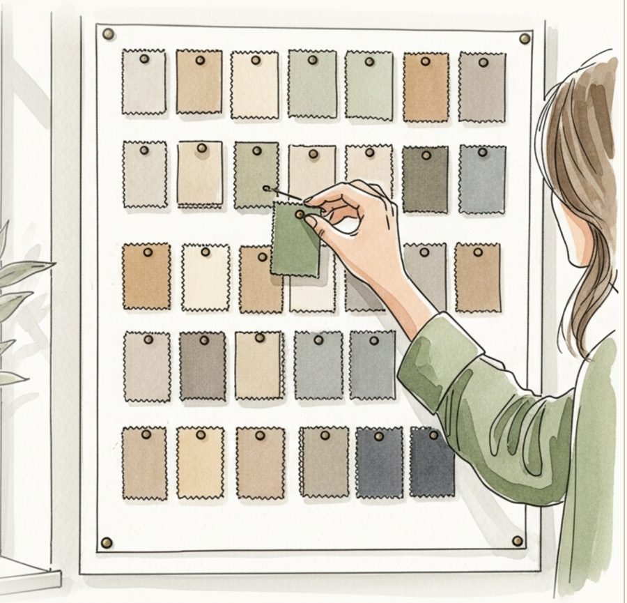 Watercolour illustration of a woman pinning a sage swatch to a wall of fabric samples