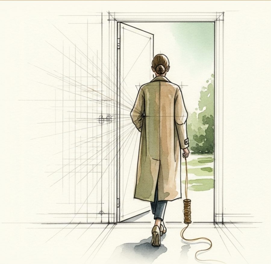 Watercolour illustration of a woman stepping through an open door into a garden